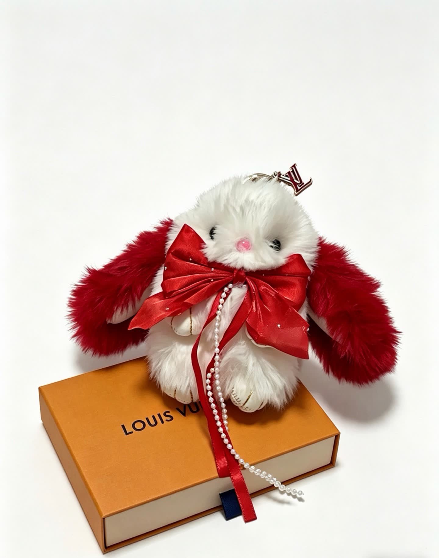 Louis Vuitton Luxury White Rabbit Keychain with Pearls and Ribbons